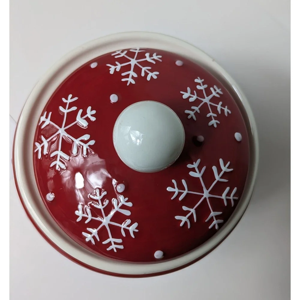 Hallmark Christmas Red Cookie Jar Canister 3 Snowmen Snowflakes 9